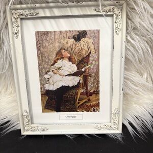 Vtg Framed Art Print A Rival Attraction Girl Reading w/Cat French Sweet 11.5x9.5